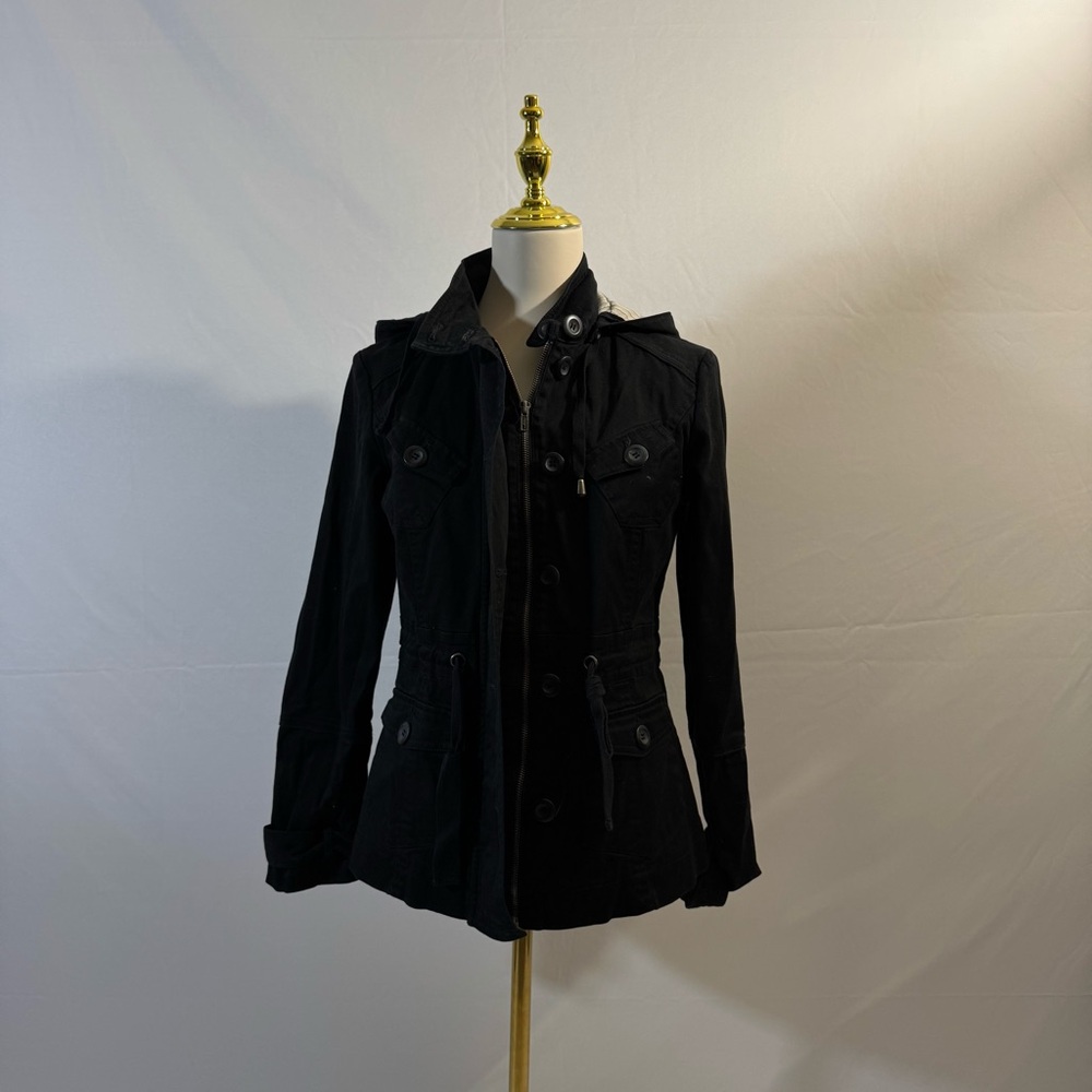 Forever 21 Women's Black Double-Breasted Jacket with Hood Size Medium EUC